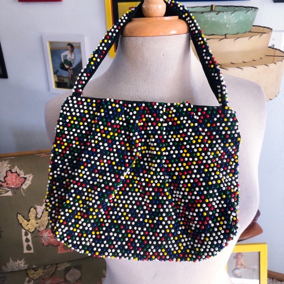 Vintage Handbags - Vintage 1930s Purse Beaded Handbag Black Pinup Novelty Rockabilly 30s 40s  TLC